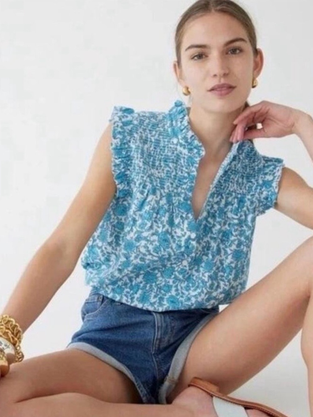 NWT J. Crew Smocked Garden Soft Gauze Top Size Medium Blue Blooms Block Print